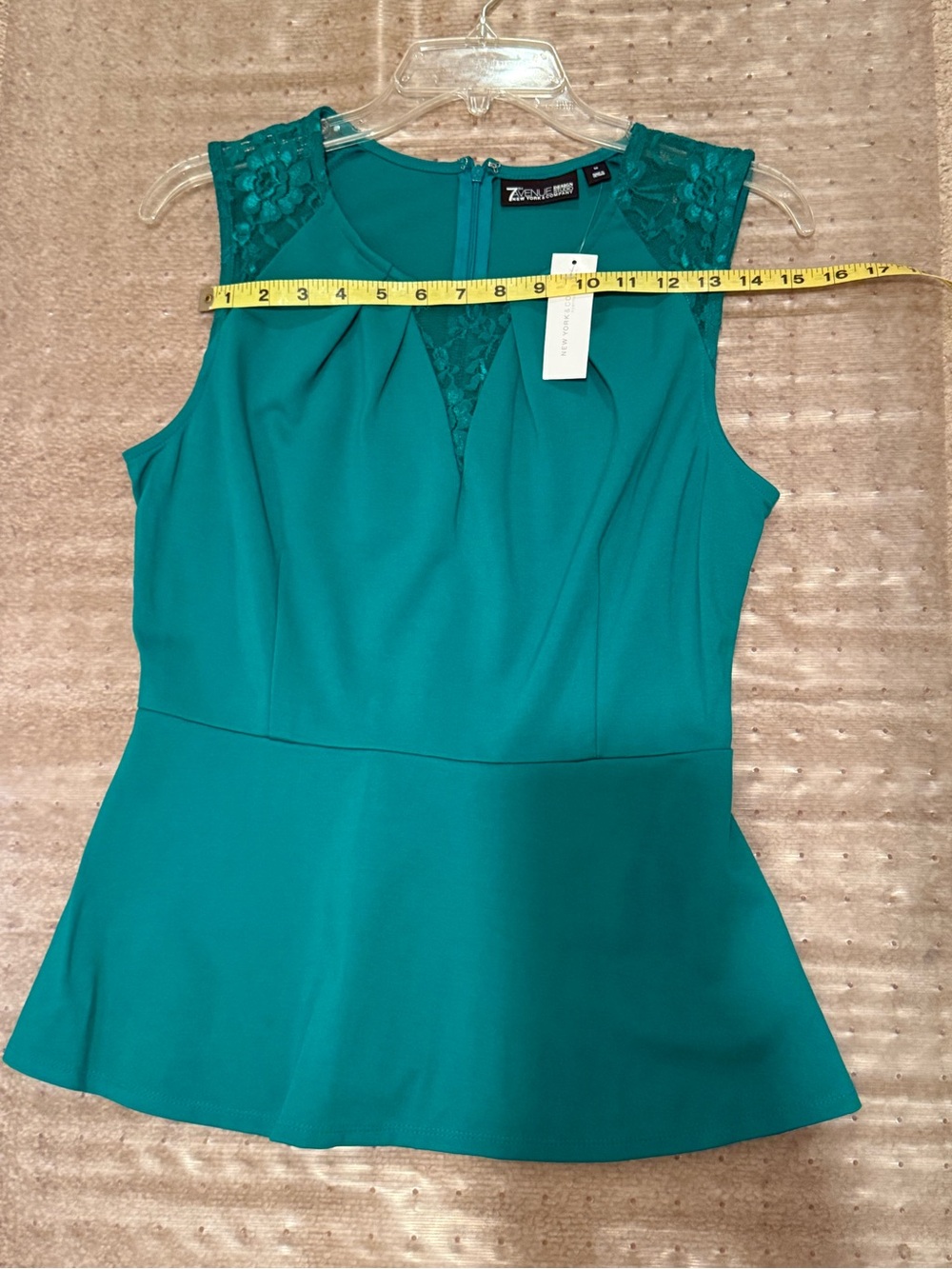 New York and Company Teal Lace-Shoulder Peplum Top - Picture 13 of 17